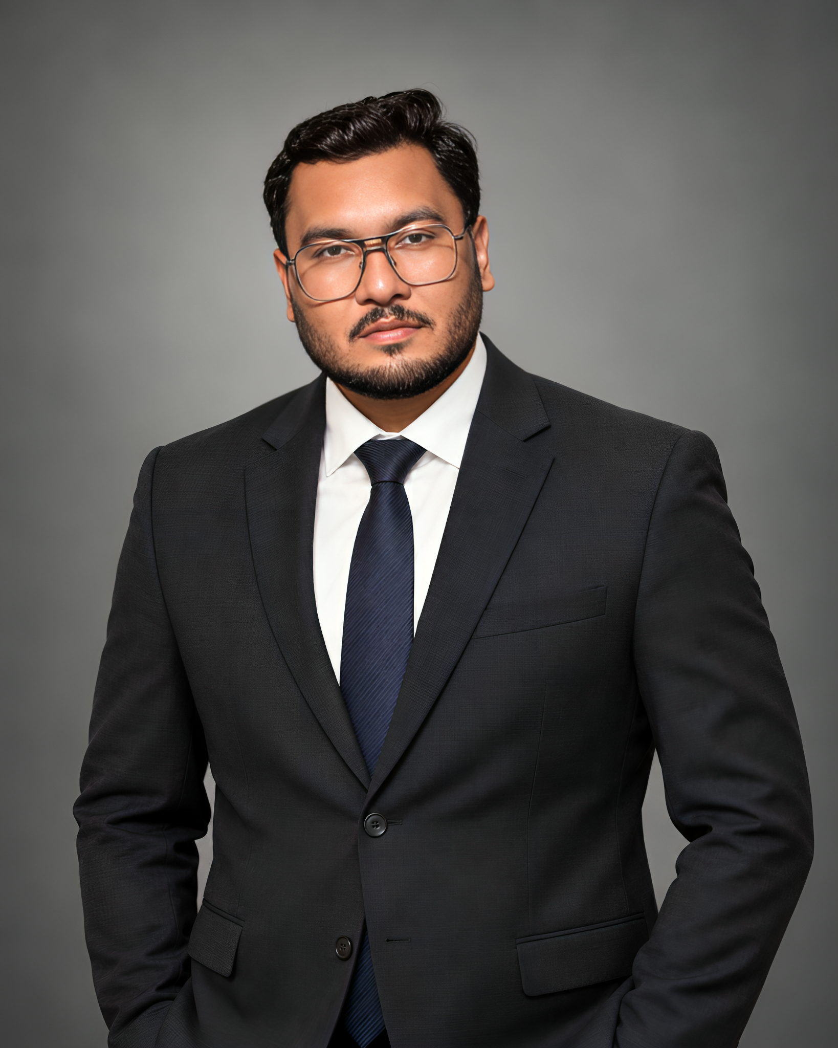 Usama Ali wearing a dark suit, white shirt, and navy tie